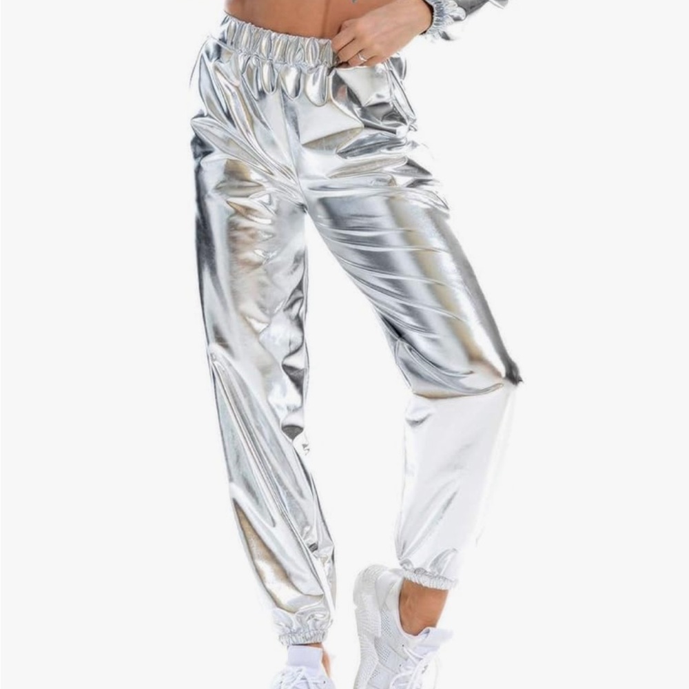 Shiny Metallic High Waist Stretchy Jogger Pants